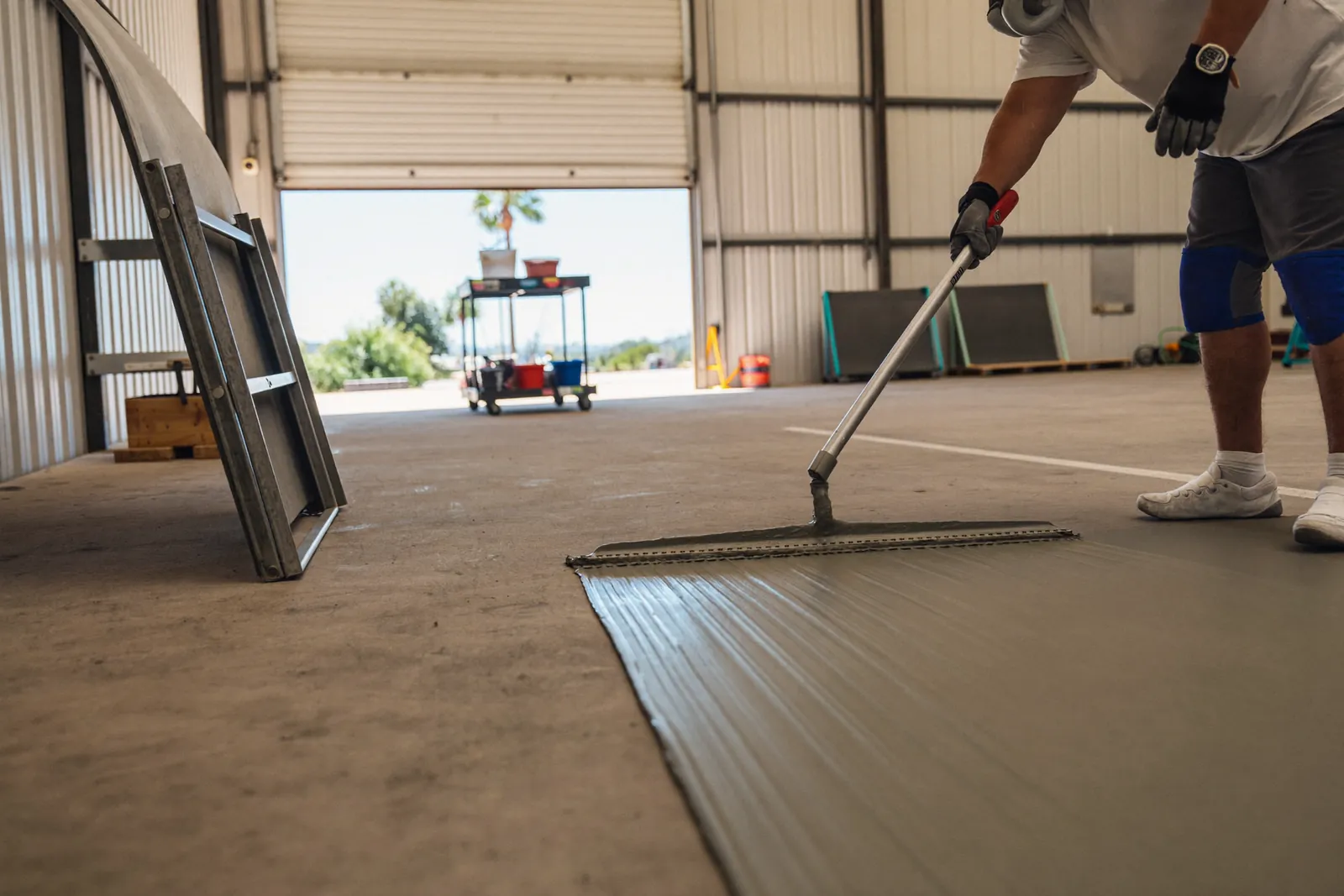Installer spreading gray epoxy with a notched squeegee in a warehouse