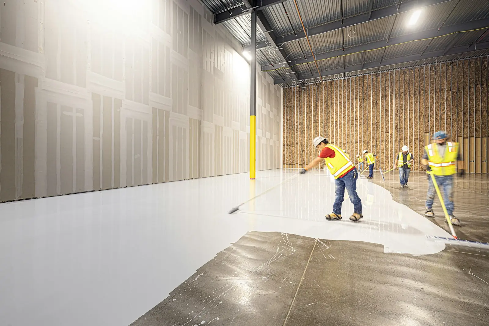 Crew rolling a white epoxy coating across a large commercial floor