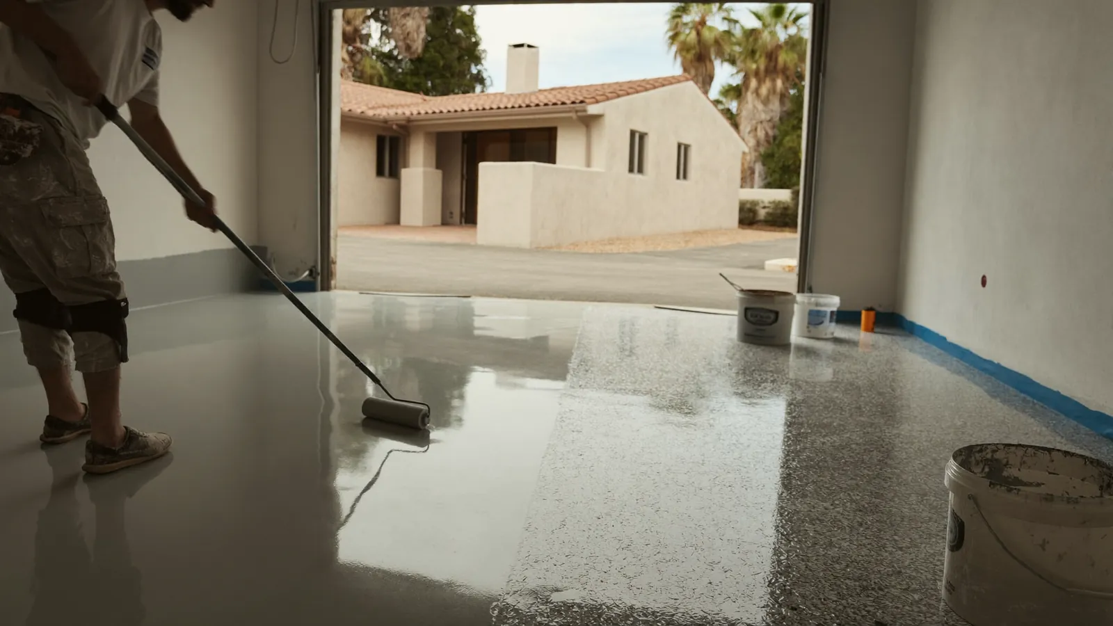 Installer rolling a gray epoxy base coat across a garage floor with flakes on the finished half