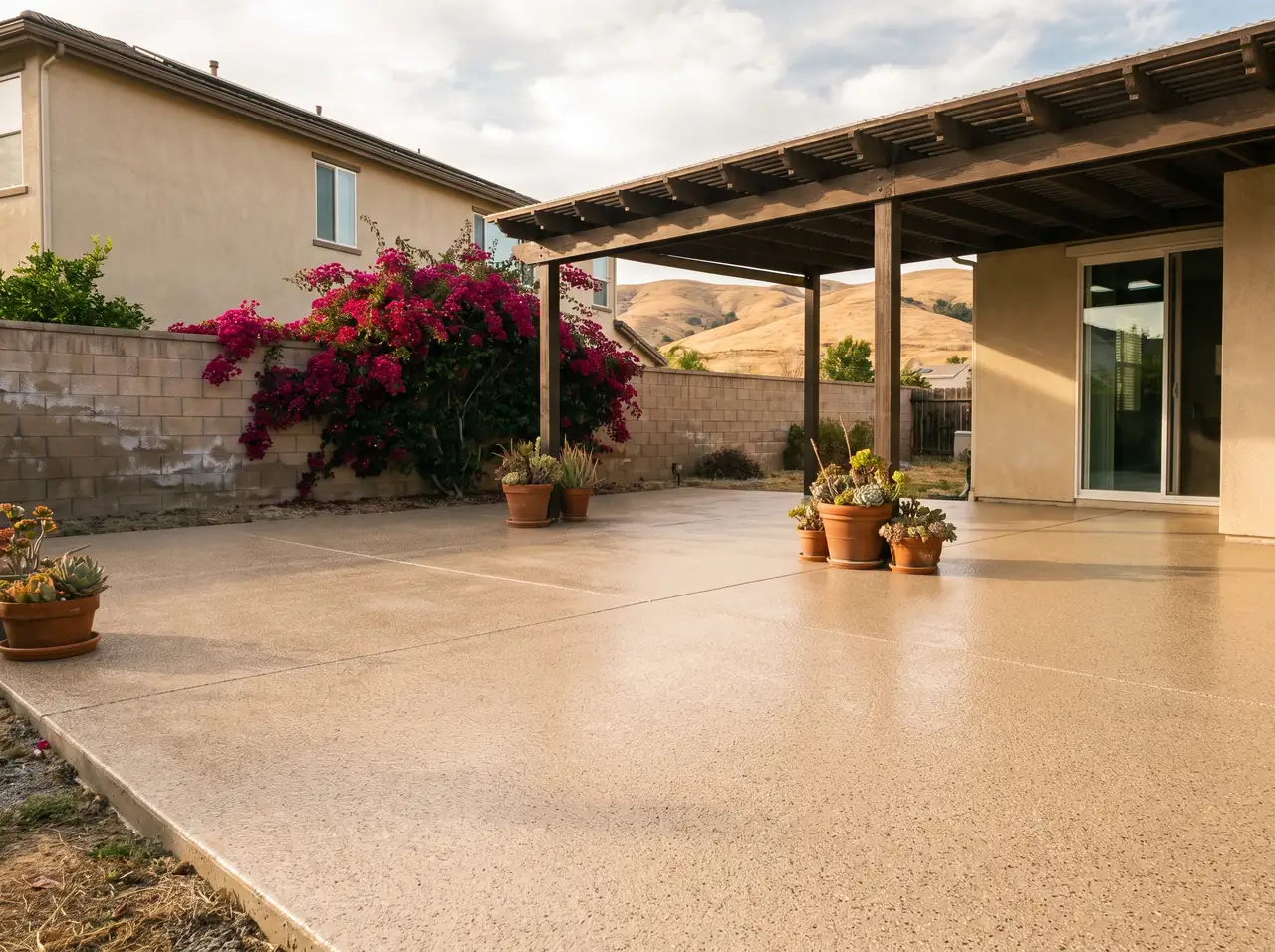 Sand-colored flake coating on a backyard patio under a pergola